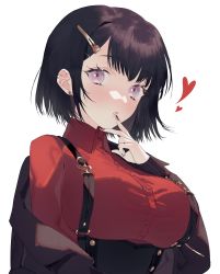 Rule 34 | 1girl, bad id, bad pixiv id, black hair, black jacket, breasts, collared shirt, commentary request, ear piercing, earrings, finger to mouth, hair ornament, hairclip, heart, highres, jacket, jewelry, large breasts, long sleeves, looking back, nail polish, naomasap, off shoulder, open clothes, open jacket, original, parted bangs, piercing, purple hair, red nails, red shirt, shirt, short hair, simple background, sleeves past wrists, smile, solo, stud earrings, suspenders, underbust, upper body, white background