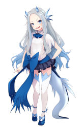 Rule 34 | 1girl, blue bow, blue footwear, blue thighhighs, blush, bow, commentary request, dragon girl, footwear bow, gem, horns, large bow, long hair, looking at viewer, lower teeth only, mofu namako, open mouth, original, parted bangs, shirt, shoes, short sleeves, simple background, skirt, smile, solo, striped clothes, striped shirt, tail, teeth, thighhighs, white background, white thighhighs