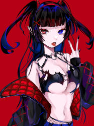 Rule 34 | 1girl, absurdres, bare shoulders, black hair, black jacket, black nails, blue eyes, blue hair, breasts, chest harness, demon girl, demon horns, earrings, eyelashes, fang, fingernails, hair ornament, hairband, harness, heterochromia, highres, horns, jacket, jewelry, large breasts, long eyelashes, long fingernails, long hair, mamiya miya, multicolored hair, nail polish, navel, o-ring, open mouth, original, padded jacket, pointy ears, red background, red eyes, red hairband, red horns, simple background, skin fang, skindentation, solo, tongue, tongue out, torn, torn clothes, twintails, underboob, w, x, x hair ornament