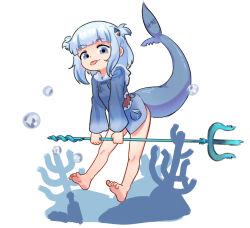 Rule 34 | 1girl, :p, air bubble, animal costume, barefoot, blue eyes, blue hair, blue hoodie, blunt bangs, bubble, chinese commentary, commentary request, drawstring, feet, fins, fish tail, full body, gawr gura, gawr gura (1st costume), grey hair, hair ornament, highres, holding, holding polearm, holding trident, holding weapon, hololive, hololive english, hood, hoodie, long sleeves, looking at viewer, medium hair, multicolored hair, nanachides, no pants, polearm, shark costume, shark girl, shark hair ornament, shark print, shark tail, sidelocks, simple background, soles, solo, streaked hair, tail, tail raised, toes, tongue, tongue out, trident, two side up, virtual youtuber, weapon, white background, white hood