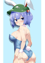 Rule 34 | 1girl, 9150namihana, absurdres, animal ears, ass, back, blue background, blue eyes, blue hair, blue leotard, blush, breasts, commentary request, cowboy shot, detached collar, fake animal ears, fake tail, flat cap, green hat, hair bobbles, hair ornament, hat, highres, kawashiro nitori, large breasts, leotard, looking at viewer, looking back, open mouth, playboy bunny, rabbit ears, rabbit tail, shiny skin, solo, strapless, strapless leotard, tail, touhou, two-tone background, two side up, white background, wrist cuffs