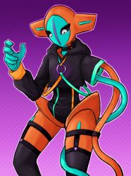 Rule 34 | 1other, alien, aqua skin, blush, bodysuit, clothed pokemon, colored skin, creatures (company), cropped hoodie, deoxys, deoxys (normal), dotted background, game freak, garter straps, gen 3 pokemon, gradient background, highres, hood, hoodie, looking down, mythical pokemon, nintendo, no humans, orange skin, pokemon, pokemon (creature), purple background, slys (jesterdysphoria), tentacles, thighhighs