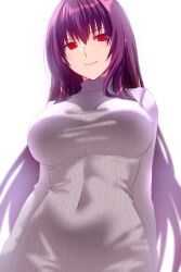 Rule 34 | 1girl, breasts, closed mouth, commentary request, covered navel, engo (aquawatery), fate/grand order, fate (series), hair between eyes, large breasts, lips, long hair, long sleeves, looking at viewer, official alternate costume, pink lips, purple hair, red eyes, scathach (fate), simple background, smile, solo, sweater, turtleneck, turtleneck sweater, very long hair, white background, white sweater