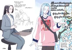 Rule 34 | 1boy, 2girls, baroque (series), blue hair, cargo pants, collared shirt, commentary, comparison, cursive, english commentary, english text, forehead, grey eyes, grey hair, grey jacket, grey pants, hair down, highres, jacket, long hair, long sleeves, looking at viewer, looking down, medium hair, multiple girls, office lady, original, pants, parted bangs, parted lips, pink sweater, ponytail, print sweater, shirt, shirt tucked in, simple background, solo focus, sweater, white shirt, yabujin, yblndr