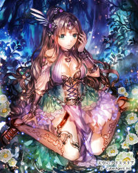Rule 34 | 1girl, breasts, brown hair, cleavage, company name, copyright name, fantasy, female focus, flower, full body, green eyes, jewelry, large breasts, long hair, looking at viewer, official art, original, plant, rioka (southern blue sky), sitting, solo, tears, tenkuu no crystalia, tree, very long hair, wariza