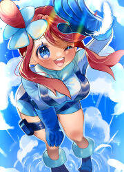 Rule 34 | 1girl, absurdres, arm up, blue background, blue eyes, blue footwear, blue gloves, blue outline, blue shirt, blue shorts, blue sky, blue theme, blush, boots, cloud, creatures (company), feathers, female focus, flower hair ornament, game freak, gloves, hair ornament, hand on own knee, happy, highres, leaning forward, legs, light rays, long hair, long sleeves, looking up, nintendo, one eye closed, open mouth, outline, pokemon, pokemon bw, pouch, red hair, ripples, shading eyes, shirt, short shorts, shorts, sidelocks, skindentation, sky, skyla (pokemon), smile, sobacha, solo, sparkle, standing, standing on liquid, swept bangs, teeth, thigh pouch, thigh strap, thighs, topknot, water, white feathers, white outline