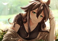 Rule 34 | 1girl, absurdres, animal ears, arknights, breasts, brown hair, brown shirt, closed mouth, collarbone, commentary, english commentary, ezraqi, green eyes, hair between eyes, highres, horse ears, long hair, looking at viewer, meteor, meteor (arknights), mole, mole under eye, outdoors, shirt, shooting star, small breasts, smile, solo, upper body, watermark