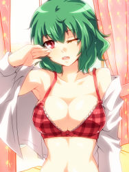 Rule 34 | 1girl, bra, breasts, curtains, dress shirt, female focus, green hair, kazami yuuka, large breasts, lingerie, mugicha (sukimachaya), off shoulder, one eye closed, open clothes, open mouth, open shirt, plaid, red eyes, shirt, short hair, solo, tears, touhou, underwear, upper body, wince, wink