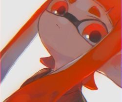 Rule 34 | 1girl, aspara, close-up, closed mouth, inkling, inkling girl, inkling player character, long hair, looking at viewer, looking down, nintendo, orange eyes, orange hair, pointy ears, red shirt, shirt, simple background, solo, source request, splatoon (series), splatoon 1, tentacle hair, tentacles, white background