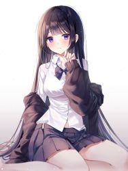 1girl, absurdres, bangs, bare legs, black hair, black jacket, blunt bangs, blush, bow, bowtie, breasts, closed mouth, collared shirt, dress shirt, eyebrows visible through hair, feet out of frame, gradient, gradient background, gradient hair, hand up, highres, huge filesize, jacket, long sleeves, looking at viewer, medium breasts, miniskirt, multicolored hair, myowa, open clothes, open fly, open jacket, open skirt, original, pleated skirt, purple bow, purple hair, purple neckwear, purple skirt, school uniform, shirt, sitting, skirt, solo, straight hair, symbol commentary, white background, white shirt, yokozuwari
