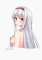 Rule 34 | 1girl, :o, bad id, bad pixiv id, blush, breasts, covering privates, covering breasts, cropped torso, ear blush, from behind, grey background, hairband, hand on own chest, hoshino kagari, kantai collection, long hair, looking at viewer, looking back, medium breasts, nude cover, parted lips, red hairband, shoukaku (kancolle), sideboob, sidelocks, silver hair, simple background, solo, straight hair, tareme, twitter username, upper body, yellow eyes