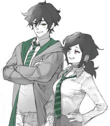 Rule 34 | 1boy, 1girl, andrew graves (the coffin of andy and leyley), ashley graves, black hair, crossed arms, green eyes, green necktie, hands on own hips, harry potter (series), highres, hogwarts school uniform, looking at another, mantle clock, necktie, o gy21, pink eyes, school uniform, shirt, siblings, slytherin, smug, the coffin of andy and leyley, white background, wizarding world