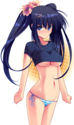 Rule 34 | 1girl, anger vein, angry, bikini, bikini bottom only, black hair, blue eyes, breasts, crop top, dragonmaterial, flower, hair ornament, highres, large breasts, navel, shirt, side-tie bikini bottom, solo, striped bikini, striped clothes, swimsuit, t-shirt, twintails, underboob