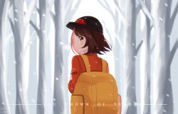 Rule 34 | 1girl, anientte, artist name, backpack, bag, bare tree, black headwear, brown eyes, brown hair, commentary request, creatures (company), expedition uniform, floating hair, from behind, game freak, gloria (pokemon), hand up, helmet, highres, light blush, looking back, nintendo, orange bag, parted lips, pokemon, pokemon swsh, sleeves past elbows, snowing, solo, tree