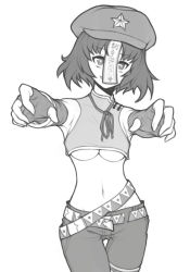 Rule 34 | 1girl, belt, breasts, cabbie hat, chinese clothes, contemporary, drawfag, female focus, fingerless gloves, gloves, greyscale, hat, jiangshi, midriff, miyako yoshika, monochrome, multiple belts, navel, ofuda, orz (orz57), outstretched arms, pants, short hair, solo, star (symbol), thigh gap, touhou, underboob, zombie pose