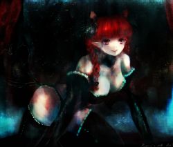 Rule 34 | 1girl, all fours, amii, animal ears, bad id, bad pixiv id, braid, cat ears, cat girl, cat tail, dark, female focus, hair ribbon, kaenbyou rin, painting (medium), red eyes, red hair, ribbon, solo, tail, thighhighs, touhou, traditional media, twin braids