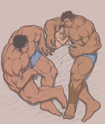 Rule 34 | 3boys, abs, bara, bare pectorals, bed sheet, blush, body hair, boxers, brown hair, dark skin, dark-skinned male, dobito mn, facial hair, full body, giant, giant male, head on chest, highres, hug, large pectorals, crossed legs, looking at another, male focus, male pubic hair, male underwear, manly, multiple boys, muscular, nipples, original, pectoral pillow, pectorals, pubic hair, short hair, sketch, stubble, thick thighs, thighs, underwear, underwear only