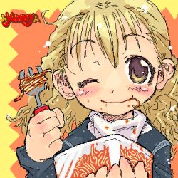 Rule 34 | 1girl, blonde hair, blue sweater, blush, border, bucket, choppy bangs, commentary request, english text, food, food in mouth, fork, hands up, holding, holding bucket, holding fork, kikai (akita morgue), long sleeves, looking at viewer, lowres, oekaki, one eye closed, orange background, original, outside border, pasta, simple background, smile, solo, spaghetti, sweater, tomato sauce, turtleneck, upper body, wavy hair, yellow border, yellow eyes