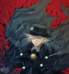 Rule 34 | 1boy, aura, black cape, black hat, black jacket, cape, collared shirt, commentary request, edmond dantes (fate), electricity, fate/grand order, fate (series), formal, gloves, hair over one eye, hat, jacket, light smile, long sleeves, looking at viewer, male focus, medium hair, neko k456, one eye covered, parted lips, red background, shirt, silver hair, simple background, smile, solo, suit, upper body, white gloves, white shirt, wing collar, yellow eyes
