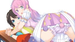 Rule 34 | 2girls, bare arms, black hair, bloomers, blush, heterochromia, highres, himemori luna, himemori luna (1st costume), holding hands, hololive, looking at viewer, looking back, lying, lying on person, medium hair, multiple girls, on back, on stomach, oozora subaru, oozora subaru (1st costume), open mouth, otaku heishi, pink hair, short hair, spread legs, table, underwear, virtual youtuber, wavy hair, yuri