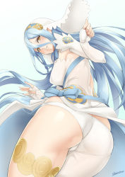 Rule 34 | 1girl, artist name, ass, asymmetrical clothes, azura (fire emblem), bad id, bad pixiv id, blue bow, blue hair, blush, bow, breasts, cowboy shot, dress, elbow gloves, embarrassed, eyelashes, fingerless gloves, fire emblem, fire emblem fates, from behind, from below, gloves, gradient background, hair between eyes, hairband, highres, large breasts, long hair, looking at viewer, looking down, nintendo, parted lips, signature, solo, stormcow, thighlet, upskirt, very long hair, white gloves, yellow eyes