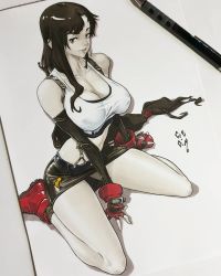 Rule 34 | 1girl, apple, black bra, black hair, black skirt, boots, bra, breasts, charm (object), chocobo, cleavage, collarbone, commentary, commission, cre.o.n, crop top, detached sleeves, earrings, english commentary, final fantasy, final fantasy vii, fingerless gloves, food, fruit, gloves, highres, jewelry, large breasts, lips, long hair, looking at viewer, low-tied long hair, marker (medium), mary janes, miniskirt, narrow waist, pencil skirt, photo (medium), red footwear, red gloves, shirt, shoes, signature, sitting, skirt, sleeveless, solo, sports bra, suspender skirt, suspenders, tank top, taut clothes, taut shirt, tifa lockhart, traditional media, underwear, wariza, white tank top