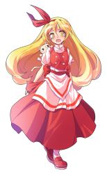Rule 34 | 1girl, alphes (style), animal, animal on shoulder, apron, arms behind back, bare arms, blonde hair, blush, bow, breasts, buttons, cat, closed mouth, commentary request, crying, crying with eyes open, dairi, ellen (touhou), eyebrows, full body, hair between eyes, hairband, highres, loafers, long hair, long skirt, long sleeves, looking at viewer, medium breasts, nose blush, open mouth, parody, pet, puffy short sleeves, puffy sleeves, red bow, red footwear, red hairband, red ribbon, red skirt, red vest, ribbon, shirt, shoes, short sleeves, skirt, skirt set, sokrates (touhou), solo, standing, style parody, tareme, tears, touhou, touhou (pc-98), transparent background, turtleneck, vest, waist apron, white apron, white legwear, white shirt, yellow eyes