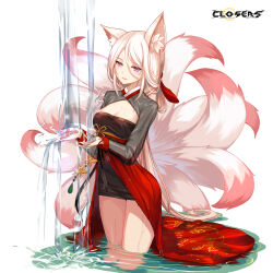 Rule 34 | 1girl, alternate hair color, animal ear fluff, animal ears, bai winchester, black dress, breasts, cleavage, cleavage cutout, closers, clothing cutout, copyright name, cowboy shot, dress, fox ears, fox girl, fox tail, heterochromia, highres, kitsune, kyuubi, large breasts, layered dress, logo, long hair, long sleeves, looking down, low ponytail, multiple tails, official art, parted lips, pink eyes, pink tail, purple eyes, red dress, see-through, see-through sleeves, solo, standing, tail, two-tone dress, very long hair, wading, washing hands, water, waterfall, wet, wet clothes, white background, white hair
