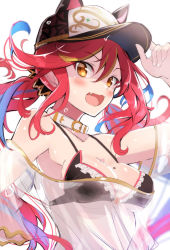 Rule 34 | 1girl, :d, animal ears, arm up, armpits, bare shoulders, baseball cap, blurry, breasts, cleavage, collar, ears through headwear, fang, fuku kitsune (fuku fox), hair ornament, hand on headwear, hat, highres, long hair, looking at viewer, low twintails, medium breasts, multicolored hair, off shoulder, open mouth, orange eyes, orange hair, purple hair, red hair, see-through, shironeko project, shirt, sidelocks, smile, solo, streaked hair, twintails, upper body, wet