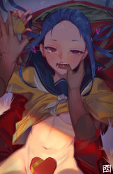 Rule 34 | 10s, 1boy, 1girl, blue hair, bottomless, box, breasts, cardigan, clothes lift, cum, disembodied limb, facial, fangs, finger in another&#039;s mouth, godsh0t, heart, heart-shaped box, heart-shaped pupils, highres, long hair, looking at viewer, lying, navel, on back, oogaki chiaki, open mouth, out-of-frame censoring, red eyes, restrained, saliva, school uniform, serafuku, shirt lift, solo focus, symbol-shaped pupils, teeth, tongue, yurucamp
