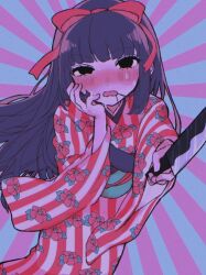 Rule 34 | 1girl, black eyes, black hair, blue background, blush, bow, empty eyes, feet out of frame, floating hair, floral print kimono, furisode, hair bow, hair in own mouth, hand on own cheek, hand on own face, holding, holding knife, ichimatsu suzuka, indie virtual youtuber, japanese clothes, kimono, knife, long hair, long sleeves, looking at viewer, nose blush, obi, obijime, open mouth, outstretched arm, purple background, ran (rsm0923), red bow, red kimono, sash, solo, standing, striped clothes, striped kimono, sunburst, sunburst background, sweat, two-tone background, v-shaped eyebrows, virtual youtuber
