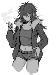 Rule 34 | 1girl, breasts, chi cheng, chinese commentary, cigarette, cleavage, closed mouth, commentary request, cowboy shot, crop top, cropped legs, fur-trimmed jacket, fur trim, genderswap, genderswap (mtf), greyscale, hair between eyes, hand on own hip, hand up, highres, holding, holding cigarette, isoi reiji, jacket, long hair, long sleeves, medium hair, monochrome, navel, open clothes, open jacket, saibou shinkyoku, sanpaku, short shorts, shorts, simple background, sketch, smoke, white background