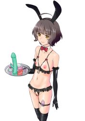 Rule 34 | 1girl, ahoge, animal ears, black bra, black gloves, black hairband, black panties, black thighhighs, blunt bangs, bow, bowtie, bra, brown eyes, brown hair, collarbone, crotchless, crotchless panties, cupless bra, detached collar, dildo, elbow gloves, fake animal ears, female pubic hair, flat chest, gloves, hairband, highres, holding, holding tray, kantai collection, kishinami (kancolle), mikan 29344886, nipples, no pupils, nontraditional playboy bunny, over-kneehighs, panties, pubic hair, pussy, rabbit ears, sex toy, short hair, simple background, solo, thigh strap, thighhighs, tray, underwear, vibrator, vibrator in thigh strap, wavy hair, white background