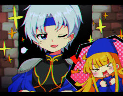 Rule 34 | &gt; &lt;, 1boy, 1girl, blonde hair, blue eyes, blue headwear, grey hair, highres, letterboxed, long hair, long sleeves, looking at viewer, offbeat, one eye closed, open mouth, puyopuyo, rectangular mouth, schezo wegey, short hair, sparkle, witch (puyopuyo)