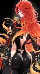 1girl ahoge ass bodysuit breasts fiery_hair from_behind genshin_impact gloves gradient_hair highres huge_ass large_breasts long_hair looking_at_viewer looking_back mavuika_(genshin_impact) multicolored_hair orange_hair red_eyes red_hair sideboob skin_tight solo very_long_hair vitaminechan zipper