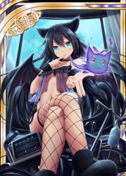 Rule 34 | 1girl, ahoge, akkijin, animal ears, babydoll, black hair, blue eyes, cardiogram, catagion (shinkai no valkyrie), choker, crossed legs, demon wings, fang, finger to mouth, fisheye, fishnet thighhighs, fishnets, hair between eyes, intravenous drip, long hair, looking at viewer, moon, navel, outstretched arm, panties, paw shoes, ribbon, shinkai no valkyrie, shoes, side-tie panties, sitting, smile, solo, thighhighs, underwear, underwear only, wings, wrist ribbon
