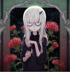 Rule 34 | 1girl, bags under eyes, black dress, chromatic aberration, constricted pupils, dress, fate/grand order, fate (series), flower, frown, grey hair, horns, jewelry, lavinia whateley (fate), long hair, long sleeves, looking at viewer, milk thistle, pale skin, pink eyes, red flower, ribbed dress, ring, sara (kurome1127), single horn, upper body, white hair