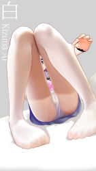Rule 34 | 1girl, ass, blue eyes, character name, commentary request, feet, foreshortening, grey background, highres, kizuna ai, kizuna ai inc., legs together, looking at viewer, lying, miniskirt, no shoes, on back, panties, panties under pantyhose, pantyhose, pantyhose tug, sailor collar, shadow, simple background, skirt, solo, underwear, virtual youtuber, white panties, white pantyhose, wuguno ziran juan