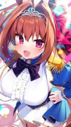 Rule 34 | 1girl, :d, animal ears, blurry, blush, bow, breasts, brown hair, center frills, cowboy shot, daiwa scarlet (umamusume), depth of field, dress, fang, frills, from above, garter straps, glint, hair bow, hair intakes, hands on own hips, highres, horse ears, large breasts, long hair, looking at viewer, open mouth, pink eyes, red bow, shiika yuno, skin fang, smile, solo, tiara, umamusume, v-shaped eyebrows, white dress