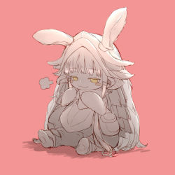 Rule 34 | 10s, 1girl, :3, absurdres, animal ears, blush stickers, closed mouth, ears through headwear, fake horns, fume, furry, furry female, helmet, highres, horned helmet, horns, made in abyss, nanachi (made in abyss), pants, pink background, shui shaan, sitting, solo, spot color, tail, yellow eyes