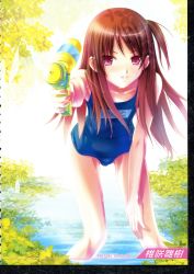 Rule 34 | 1boy, absurdres, androgynous, brown hair, bulge, crossdressing, highres, long hair, looking at viewer, male focus, oto nyan, outdoors, penis, red eyes, school swimsuit, small penis, solo, swimsuit, trap, water gun, wet