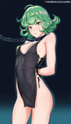Rule 34 | 1girl, ahnei, ahoge, arms behind back, bare hips, bdsm, black dress, bondage, bound, bound wrists, breasts, chain, collar, covered erect nipples, covered navel, curly hair, dress, female focus, flipped hair, frown, green eyes, green hair, highres, leash, looking at viewer, matching hair/eyes, medium breasts, metal collar, no bra, no panties, one-punch man, patreon username, short dress, side slit, slave, solo, tatsumaki, watermark, web address