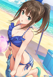 Rule 34 | 1girl, alternate hairstyle, ball, bare shoulders, beach, beachball, bikini, blue bikini, blue sky, blush, breasts, brown hair, butt crack, cleavage, cloud, collarbone, commentary request, day, denim, denim shorts, flip-flops, frilled bikini, frills, front-tie top, green eyes, idolmaster, idolmaster cinderella girls, long hair, looking at viewer, medium breasts, navel, ocean, open clothes, open fly, open mouth, open shorts, outdoors, ponytail, sand, sandals, shibuya rin, shorts, side-tie bikini bottom, sky, solo, standing, striped bikini, striped clothes, swimsuit, tamakaga, twitter username, unbuttoned, undressing, unzipped, water
