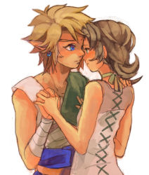 Rule 34 | 1boy, 1girl, bad id, bad pixiv id, blonde hair, blue eyes, blush, choker, couple, earrings, eye contact, green eyes, holding hands, hand on shoulder, hetero, hug, ilia, imminent kiss, jewelry, link, looking at another, nintendo, pointy ears, short hair, the legend of zelda, the legend of zelda: twilight princess, yo mo