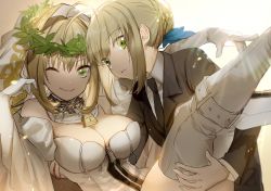 Rule 34 | 10s, 2girls, ahoge, artoria pendragon (all), artoria pendragon (fate), backlighting, black neckwear, black suit, blonde hair, blouse, blurry, bodysuit, bokeh, boots, braid, braided bun, breasts, bridal veil, carrying, chain, cleavage, collared shirt, crossdressing, depth of field, detached collar, fate/extra, fate/extra ccc, fate/grand order, fate/stay night, fate (series), formal, from side, full-length zipper, gloves, gradient background, green eyes, hair bun, hair intakes, kneepits, large breasts, leotard, lock, long sleeves, looking at viewer, multiple girls, necktie, nero claudius (bride) (fate), nero claudius (bride) (third ascension) (fate), nero claudius (fate), nero claudius (fate) (all), no-kan, one eye closed, princess carry, saber (fate), shirt, single hair bun, smile, suit, thigh boots, thighhighs, thighs, veil, white bodysuit, white gloves, white legwear, white leotard, white shirt, wreath, zipper, zipper pull tab