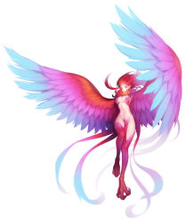 Rule 34 | 1girl, ahoge, breasts, cleavage, closed mouth, feathered wings, flying, full body, grey eyes, hair slicked back, harpy, long hair, looking at viewer, medium breasts, monster girl, multicolored wings, navel, nude, original, red hair, simple background, solo, stomach, white background, winged arms, wings, winterseoya