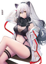 Rule 34 | 1girl, animal ears, arknights, arm up, bare legs, bare shoulders, black scarf, black shorts, breasts, cat ears, cleavage, commentary, crop top, ema (kuguiema), feet out of frame, hair between eyes, long hair, looking at viewer, medium breasts, micro shorts, midriff, off shoulder, scarf, schwarz (arknights), shorts, silver hair, simple background, sitting, solo, stomach, thigh strap, thighs, white background, yellow eyes