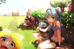 Rule 34 | 1boy, 3girls, :d, ahoge, animal, animal on head, balloon, bare shoulders, belt, bench, bird, bird on head, blonde hair, blue eyes, blue hair, blush, boots, braid, bridge, brown hair, character request, collarbone, double m/, eating, eyes visible through hair, flower, food, green hair, hair ornament, hair ribbon, hairclip, hand fan, hatsune miku, highres, holding, hugging own legs, ia (vocaloid), kagamine rin, kaito (vocaloid), lap pillow, lens flare, long hair, love live!, love live! school idol project, lying, m/, megurine luka, meiko (vocaloid), mouth hold, multiple girls, on back, on head, one eye closed, open mouth, outdoors, pants, paper fan, parody, path, peeking out, photobomb, pink hair, popsicle, purple eyes, qys3, railing, ribbon, road, shirt, shorts, sitting, skirt, smile, sweat, tied shirt, tree, twintails, uchiwa, very long hair, vocaloid, white footwear, wristband