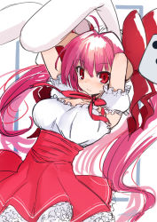 Rule 34 | 1girl, ahoge, animal ears, arms behind head, arms up, blush, bow, breasts, cleavage, closed mouth, cowboy shot, di gi charat, dress, frilled dress, frills, highres, layered skirt, leaning back, long hair, medium breasts, neck ribbon, pink dress, pink hair, pink ribbon, rabbit ears, red bow, red eyes, ribbon, simple background, skirt, smile, solo, twintails, umino hotate, underbust, usada hikaru, very long hair