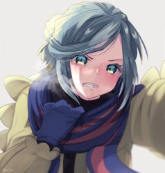 Rule 34 | 1boy, blurry, blush, breath, clenched teeth, commentary request, creatures (company), game freak, green eyes, green hair, grusha (pokemon), hand up, highres, jacket, long hair, long sleeves, male focus, nintendo, pokemon, pokemon sv, scarf, solo, striped clothes, striped scarf, teeth, yahagi (yui1251), yellow jacket